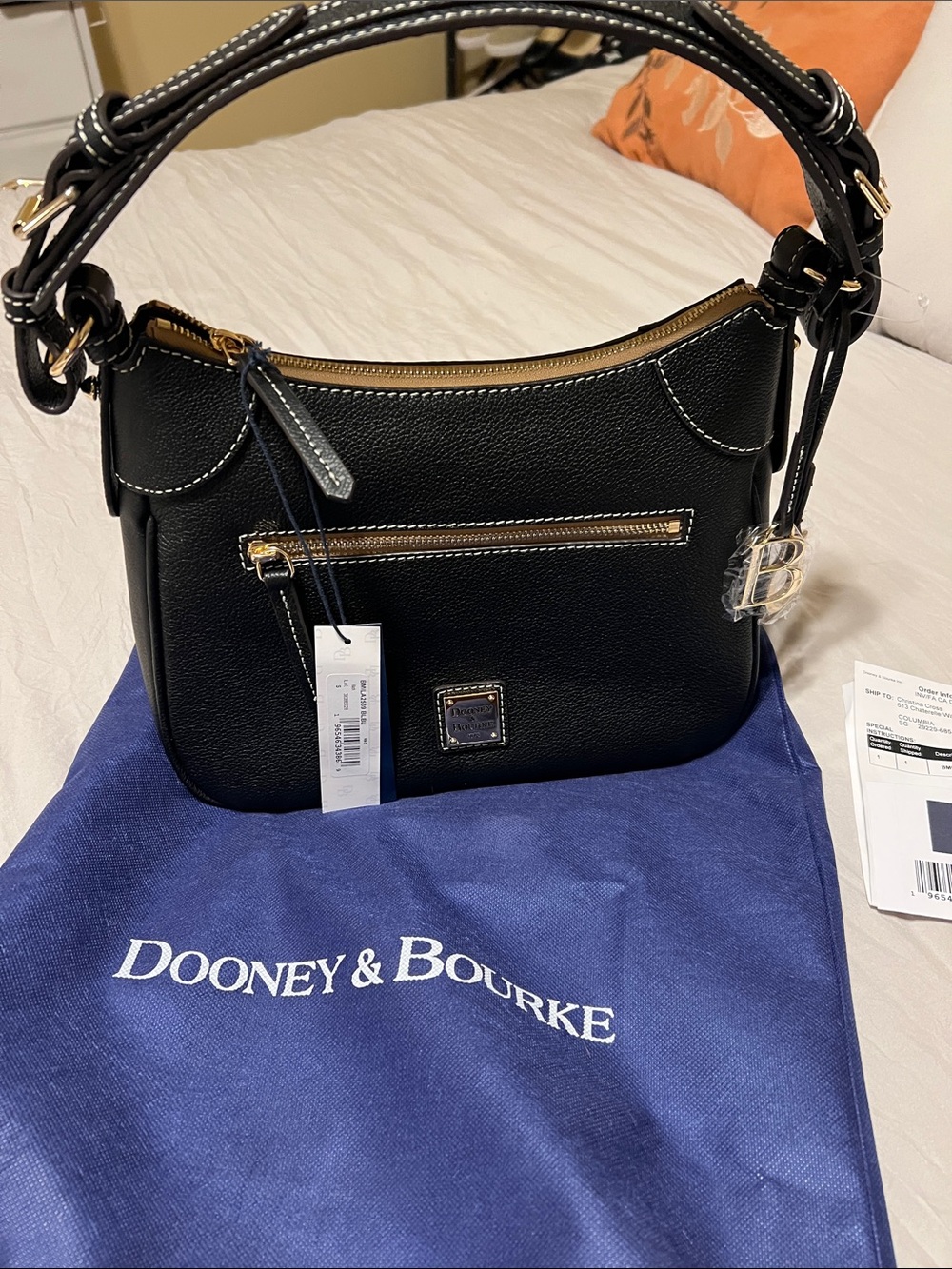 Dooney & Bourke Black Pebble Leather Shoulder Hobo with Gold Hardware